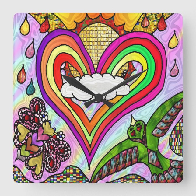 Psychedelischer Regenbogen-Herz-Kunst-Druck Quadratische Wanduhr (Vorderseite)