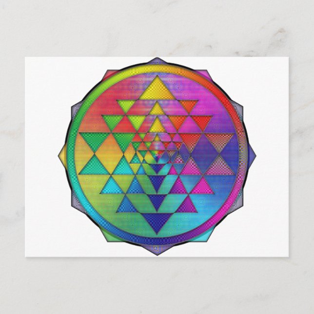 Psychedelischer Regenbogen Sri Yantra für Wohlstan Postkarte (Vorderseite)