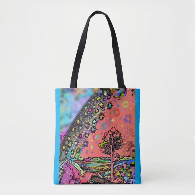 Psychedelischer Regenbogenwald und Sterne Tote Bag (Vorderseite)