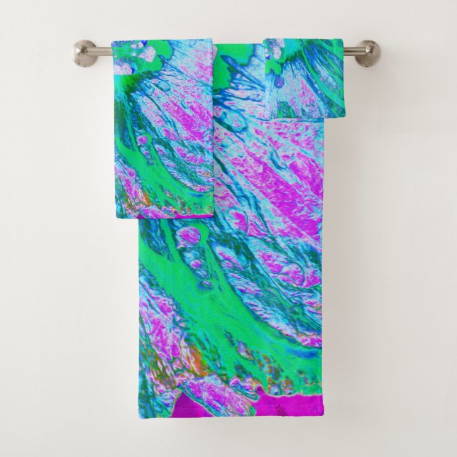 Psychedelischer Retro-Grün- und Hot-Pink-Hibisken Badhandtuch Set (Insitu)