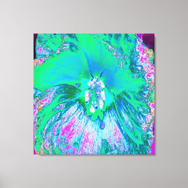 Psychedelischer Retro-Grün- und Hot-Pink-Hibisken Leinwanddruck (Vorderseite)