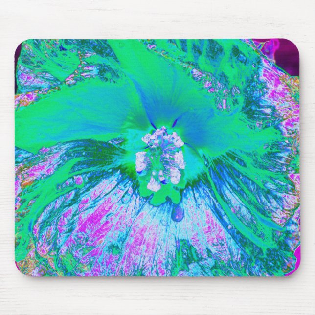 Psychedelischer Retro-Grün- und Hot-Pink-Hibisken Mousepad (Vorne)