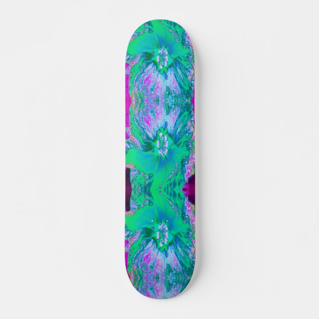 Psychedelischer Retro-Grün- und Hot-Pink-Hibisken Skateboard (Vorne)