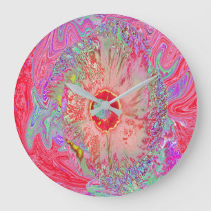 Psychedelischer Retro-Korallenregenbogen-Hibiskus Große Wanduhr