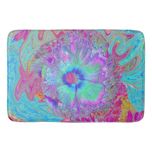 Psychedelischer Retro Rainbow Blue Hibiskus Badematte (Vorderseite)