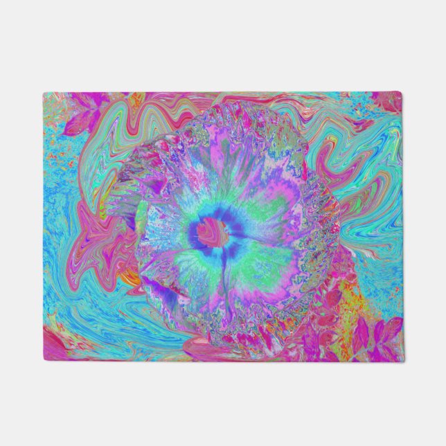Psychedelischer Retro Rainbow Blue Hibiskus Fußmatte (Vorderseite)