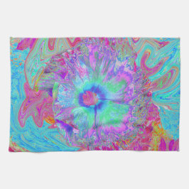 Psychedelischer Retro Rainbow Blue Hibiskus Geschirrtuch