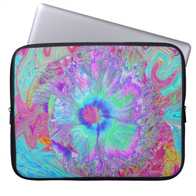Psychedelischer Retro Rainbow Blue Hibiskus Laptopschutzhülle (Vorderseite)