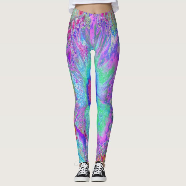Psychedelischer Retro Rainbow Blue Hibiskus Leggings (Vorderseite)