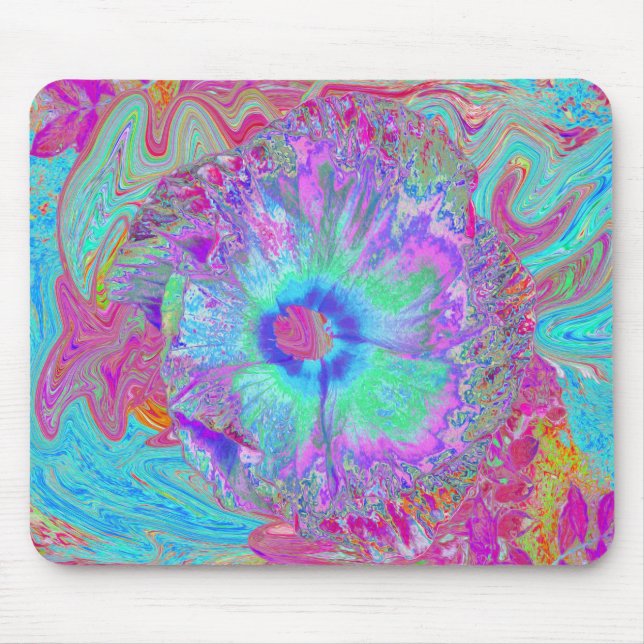 Psychedelischer Retro Rainbow Blue Hibiskus Mousepad (Vorne)
