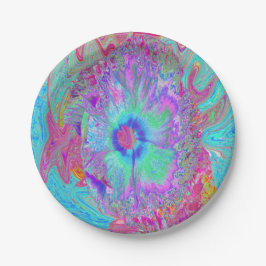 Psychedelischer Retro Rainbow Blue Hibiskus Pappteller