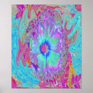 Psychedelischer Retro Rainbow Blue Hibiskus Poster