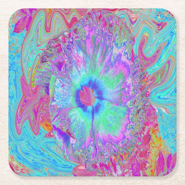 Psychedelischer Retro Rainbow Blue Hibiskus Rechteckiger Pappuntersetzer (Vorderseite)