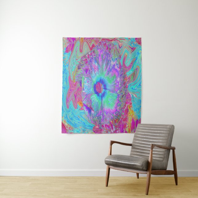 Psychedelischer Retro Rainbow Blue Hibiskus Wandteppich (Beispiel)