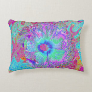Psychedelischer Retro-Regenbogen Blauer Hibiskus Dekokissen