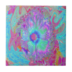 Psychedelischer Retro-Regenbogen Blauer Hibiskus Fliese