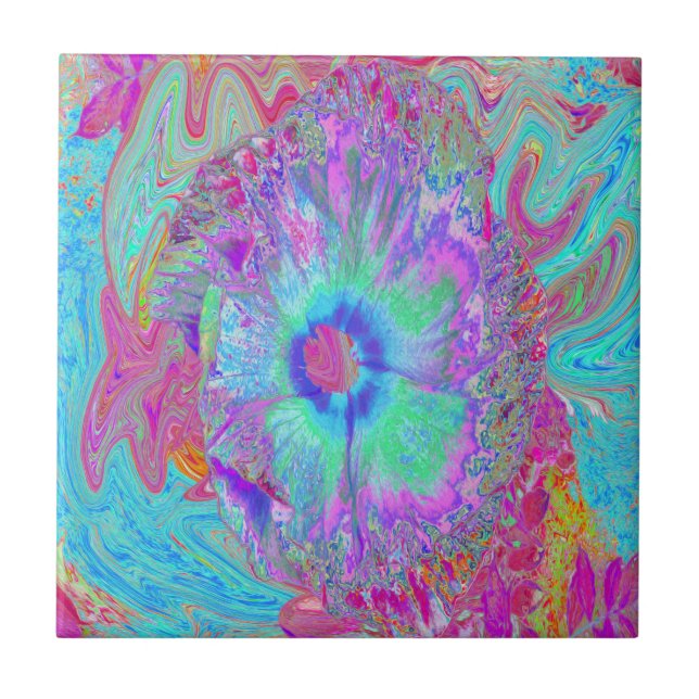 Psychedelischer Retro-Regenbogen Blauer Hibiskus Fliese (Vorderseite)