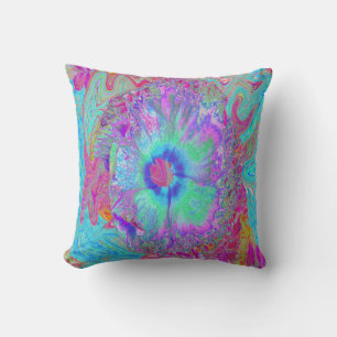Psychedelischer Retro-Regenbogen Blauer Hibiskus Kissen