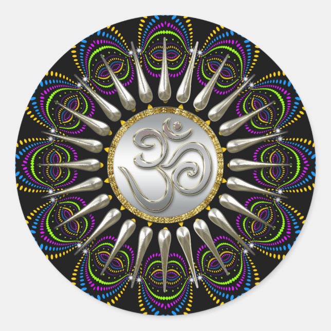 Psychedelischer Stamm Silver Om Runder Aufkleber (Vorderseite)