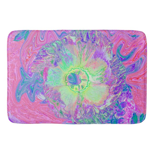 Psychedelischer Trippy Lime Green und Lila Hibisku Badematte (Vorderseite)