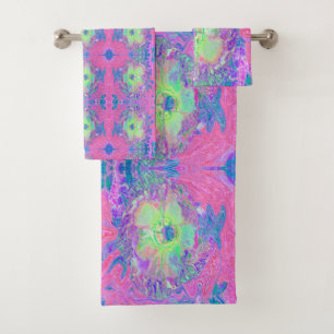 Psychedelischer Trippy Lime Green und Lila Hibisku Badhandtuch Set