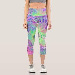 Psychedelischer Trippy Lime Green und Lila Hibisku Capri Leggings