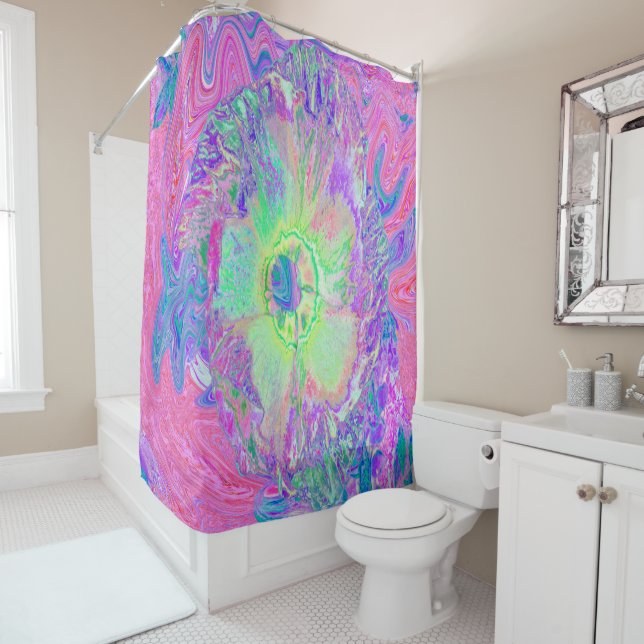 Psychedelischer Trippy Lime Green und Lila Hibisku Duschvorhang (Beispiel)