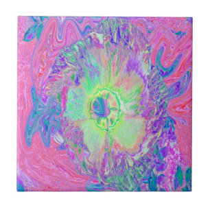 Psychedelischer Trippy Lime Green und Lila Hibisku Fliese