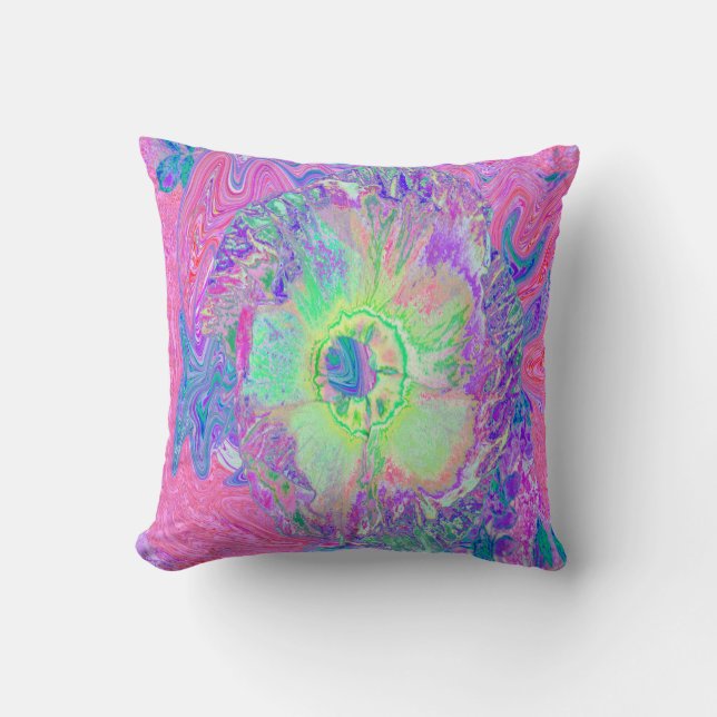 Psychedelischer Trippy Lime Green und Lila Hibisku Kissen (Vorderseite)