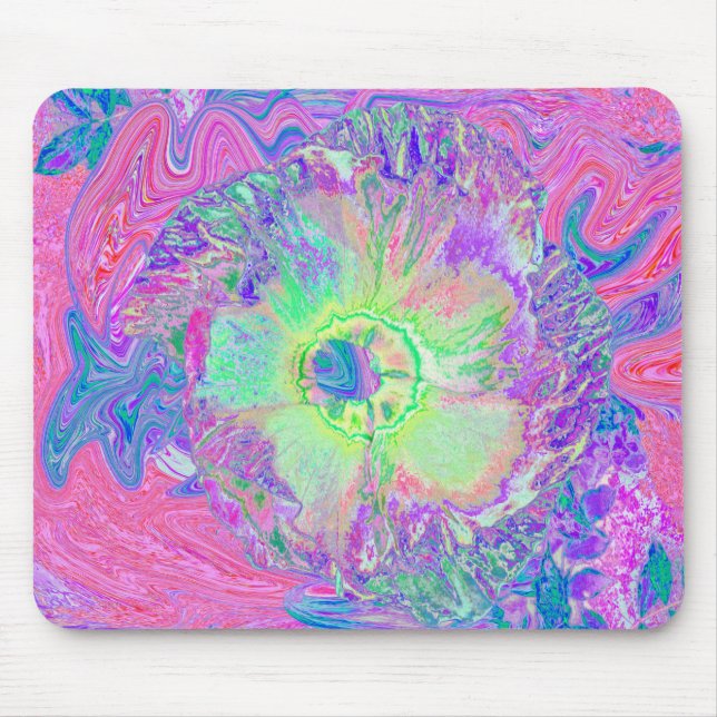 Psychedelischer Trippy Lime Green und Lila Hibisku Mousepad (Vorne)