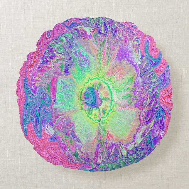 Psychedelischer Trippy Lime Green und Lila Hibisku Rundes Kissen (Vorderseite)