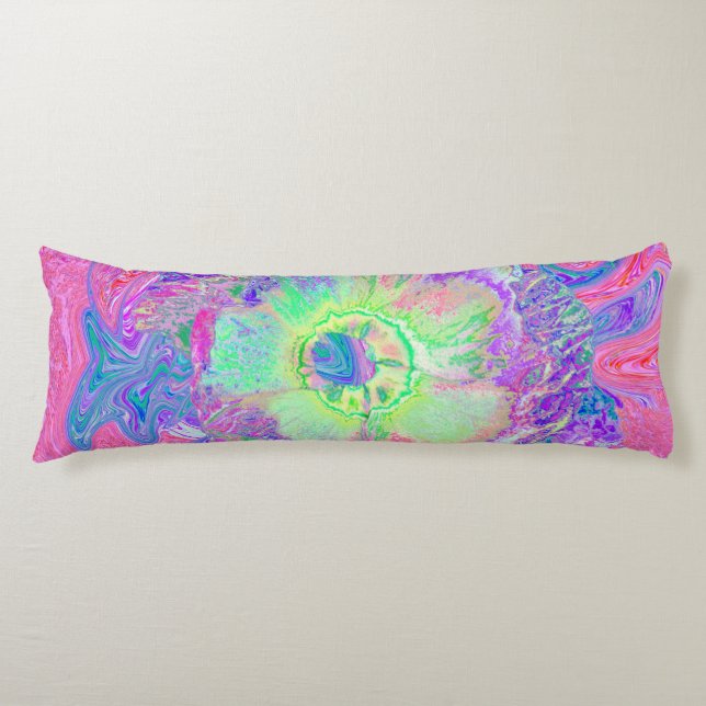 Psychedelischer Trippy Lime Green und Lila Hibisku Seitenschläferkissen (Vorderseite)