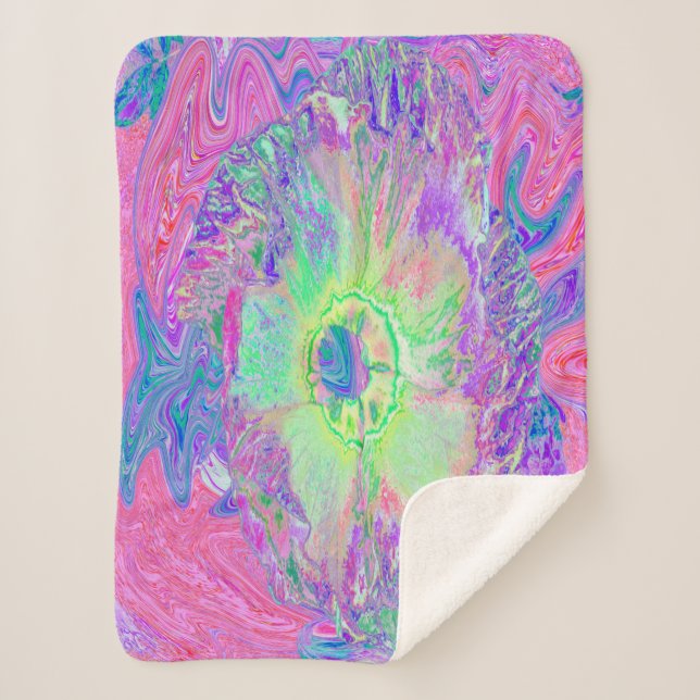 Psychedelischer Trippy Lime Green und Lila Hibisku Sherpadecke (Vorderseite)