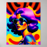 Psychedelischer US Flagge Pop Art Diva Poster<br><div class="desc">Dieses Kunstwerk aus dem Pop führt Sie mit einer kühlen und stilvollen Drehung in die raue Vergangenheit. Ein faszinierendes, psychedelisches Mädchen, das eine coole Sonnenbrille trägt, Pop vor dem Hintergrund dynamischer US Flagge. Das Retro-Ambiente, kombiniert mit dem modernen Pop-Kunstdesign, macht dieses Stück zu einem Muss für diejenigen, die eine kühne...</div>