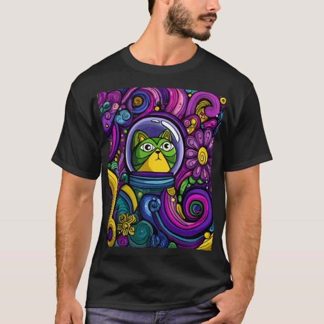 Psychedelischer Weltraumkater – Farbexplosions-Ast T-Shirt (Vorderseite)