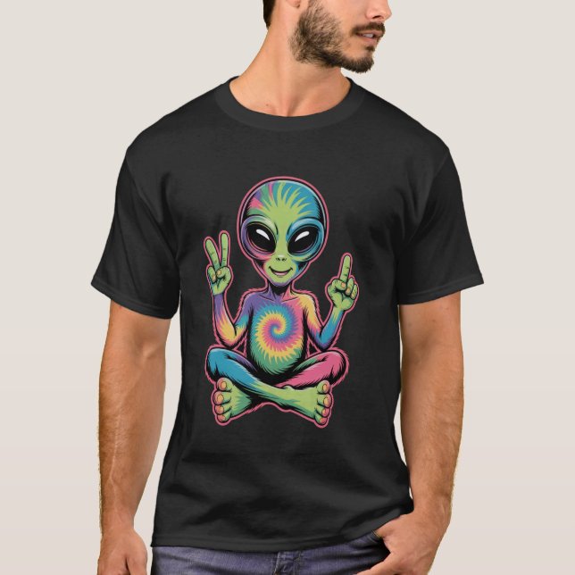 Psychedelisches Alien-Friedenszeichen-Tie-Dye-Hipp T-Shirt (Vorderseite)