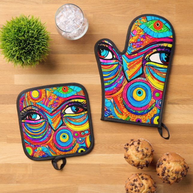 Psychedelisches Augensichtdesign Ofenhandschuh & Topflappen-Set (Oben Unten)