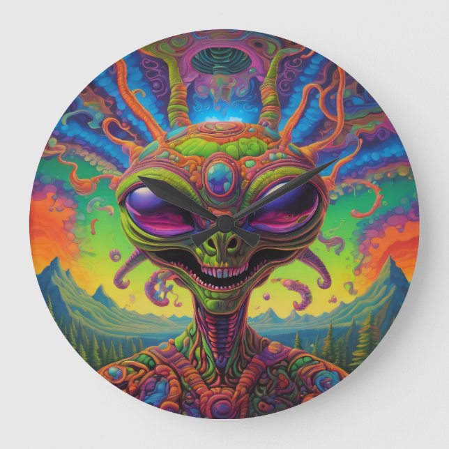 Psychedelisches Außerirdischen-Porträt Große Wanduhr (Vorderseite)
