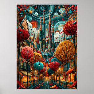 Psychedelisches Barcelona Sagrada Familia Stadtbil Poster