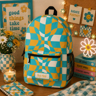Psychedelisches Groovy Karomuster, Y2K 90er Bedruckter Rucksack