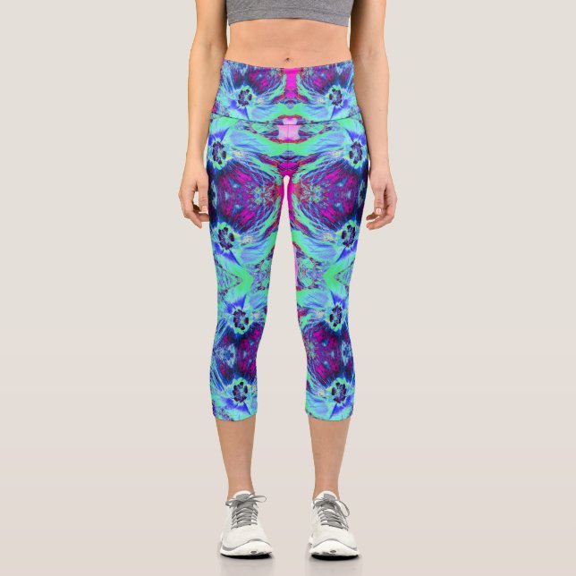 Psychedelisches Grün- und Blauer Hibiskus-Muster Capri Leggings (Vorderseite)