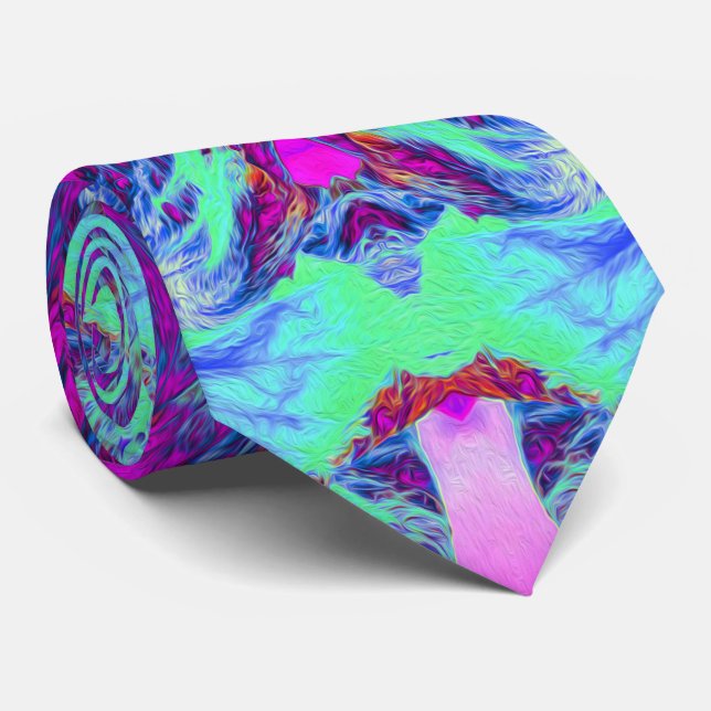 Psychedelisches Grün- und Blauer Hibiskus-Muster Krawatte (Gerollt)