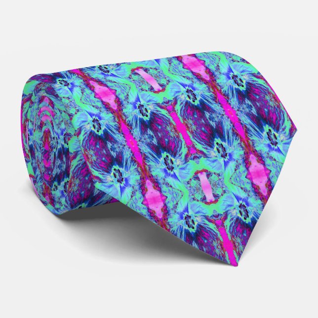Psychedelisches Grün- und Blauer Hibiskus-Muster Krawatte (Gerollt)