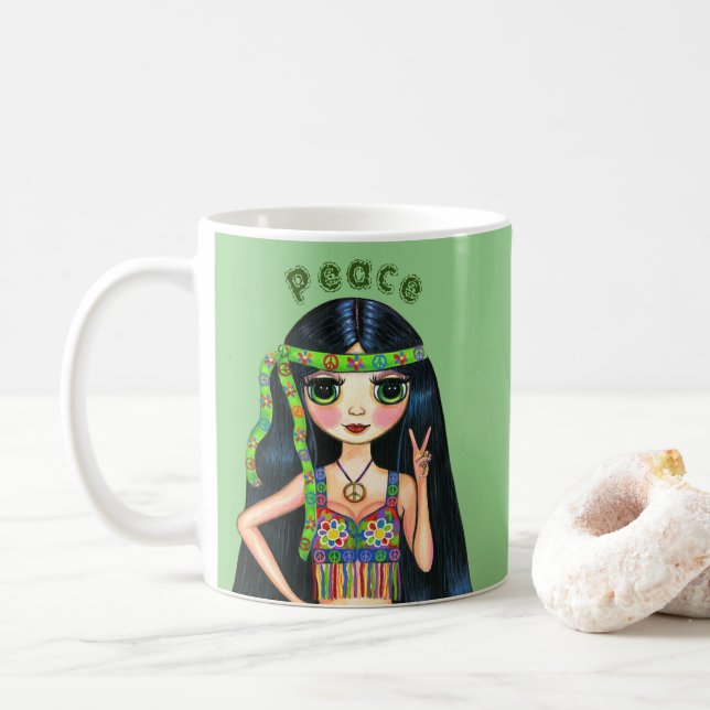 Psychedelisches Hippie Chick Peace Sign Headband 1 Kaffeetasse (Mit Donut)