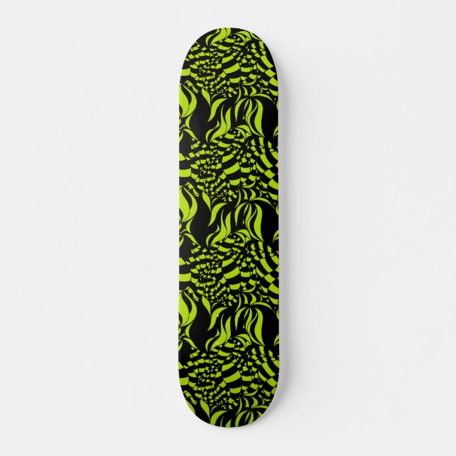 Psychedelisches Limettengrün und schwarzes Muster Skateboard (Vorne)