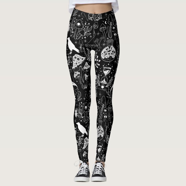 Psychedelisches Mushroom-Muster 2D.BW.b Black BG Leggings (Vorderseite)