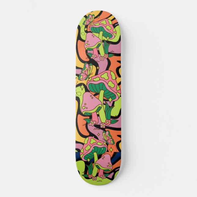 Psychedelisches Mushroom Retro Muster Skateboard (Vorderseite)