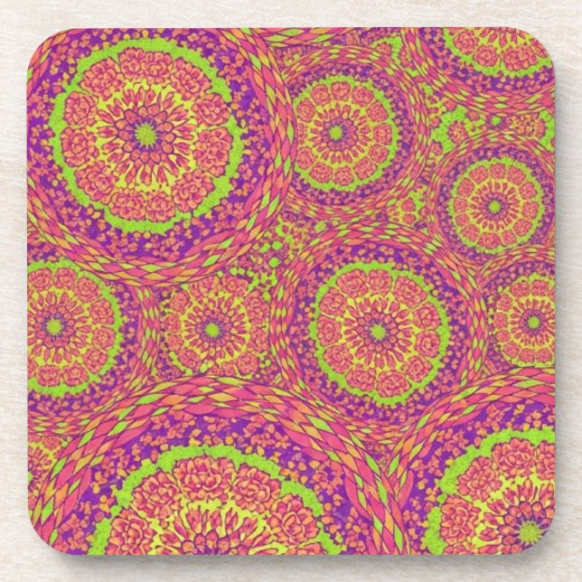Psychedelisches Neon-Mandala-Swirbelmuster Getränkeuntersetzer (Vorderseite)