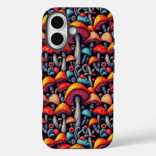 Psychedelisches Neon-Pilzmuster iPhone 16 Hülle