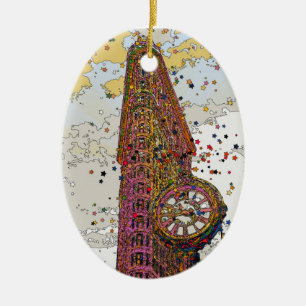 Psychedelisches NYC: Flatiron Building & Uhr #1A Keramik Ornament